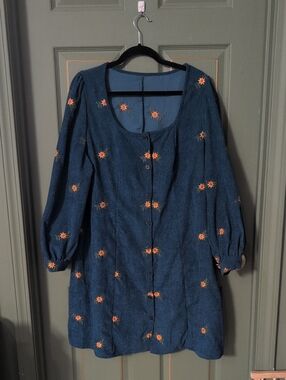 Unbranded corduroy dress with orange floral embroidery, size L-XL